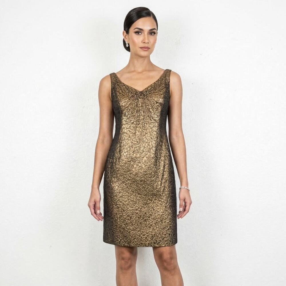 Rickie Freeman Teri Jon Bronze Metallic Sheath Dress Evening size 4